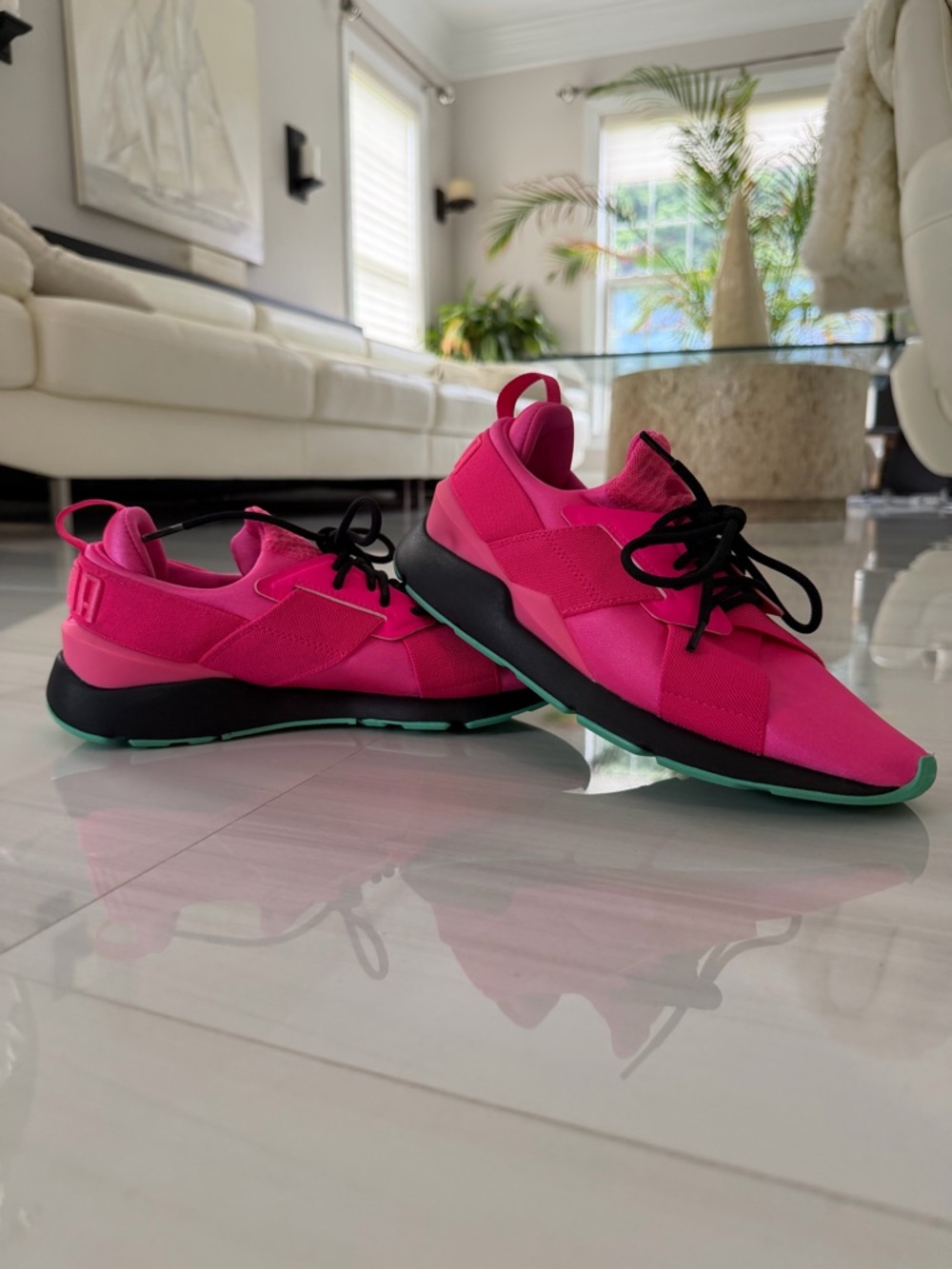 Puma Women's Bright Pink Athletic Sneakers with Black Laces